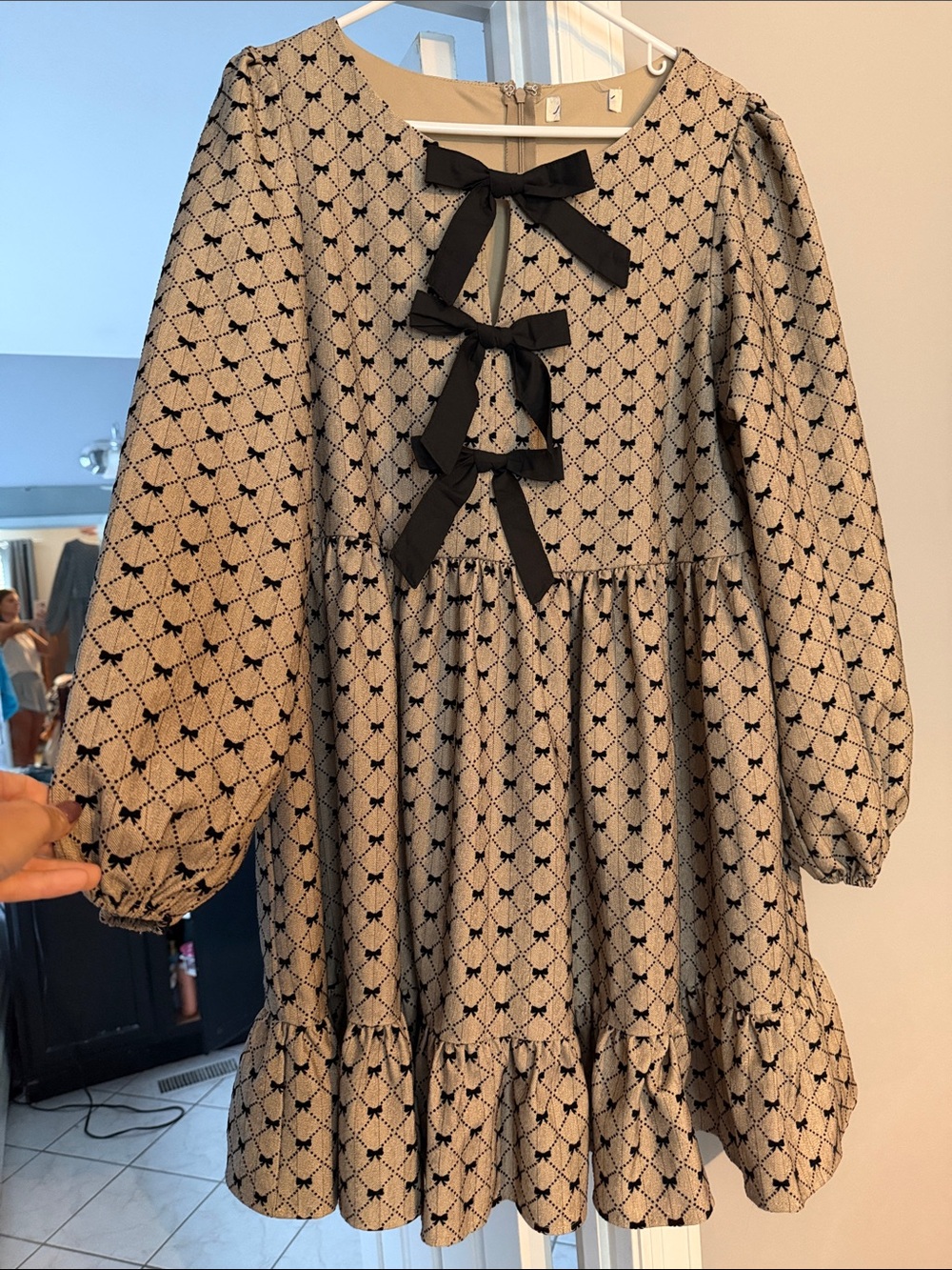Gorgeous Boutique Beige Patterned Bow-Front Ruffle Hem Dress
